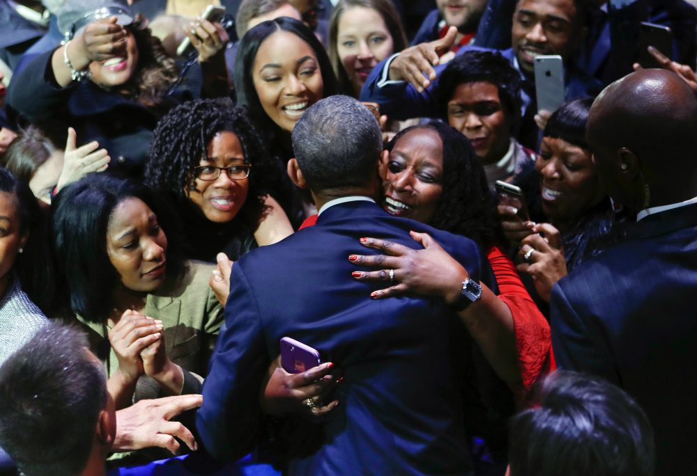 President Obama is embraced by a woman in the crowd as he greets supporters after his farewell address at McCormick Place in Chicago, on Jan. 10, 2017. (Pablo Martinez Monsivais/AP)
