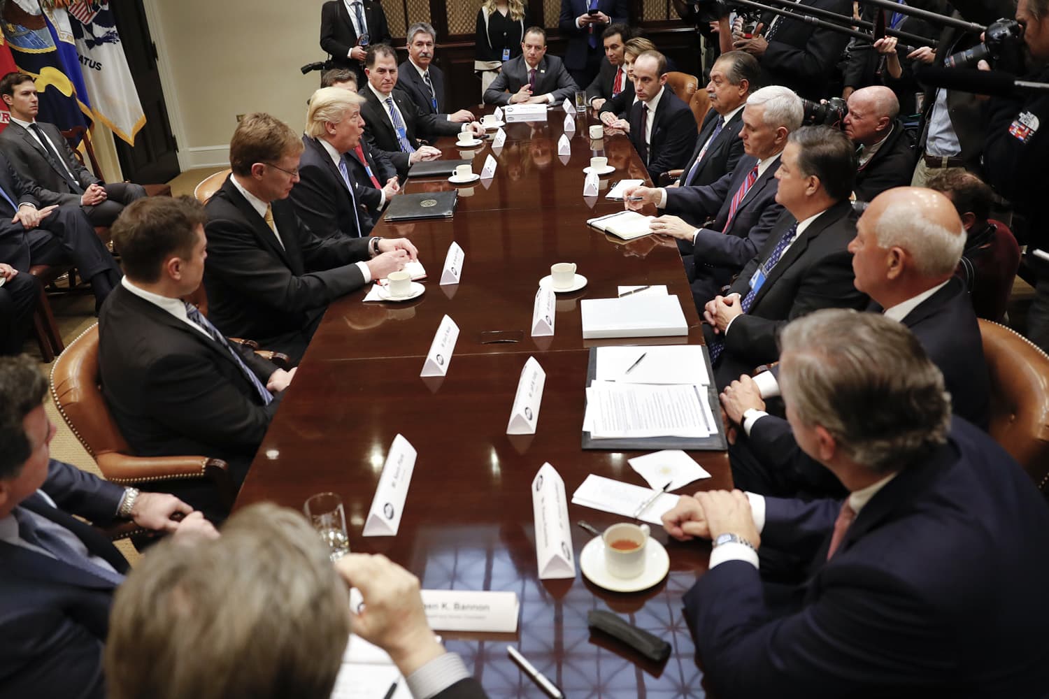 President Donald Trump, left center, host breakfast with business leaders in the Roosevelt Room of the White House in Washington. (Pablo Martinez Monsivais/AP)