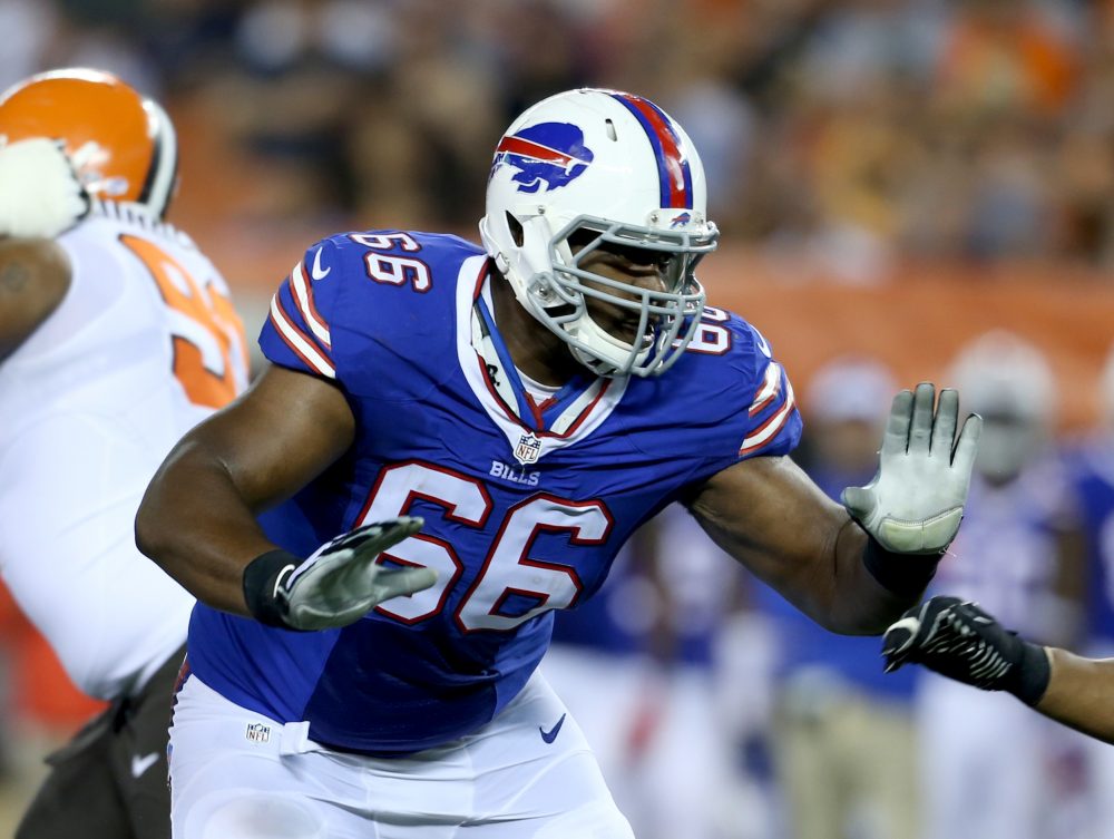 The NFL gave Buffalo Bills offensive tackle Seantrel Henderson a 10-game suspension for violating its drug policy after he tested positive for marijuana, a substance he said he uses to relieve pain from his Crohn's disease. (Ron Schwane/AP)