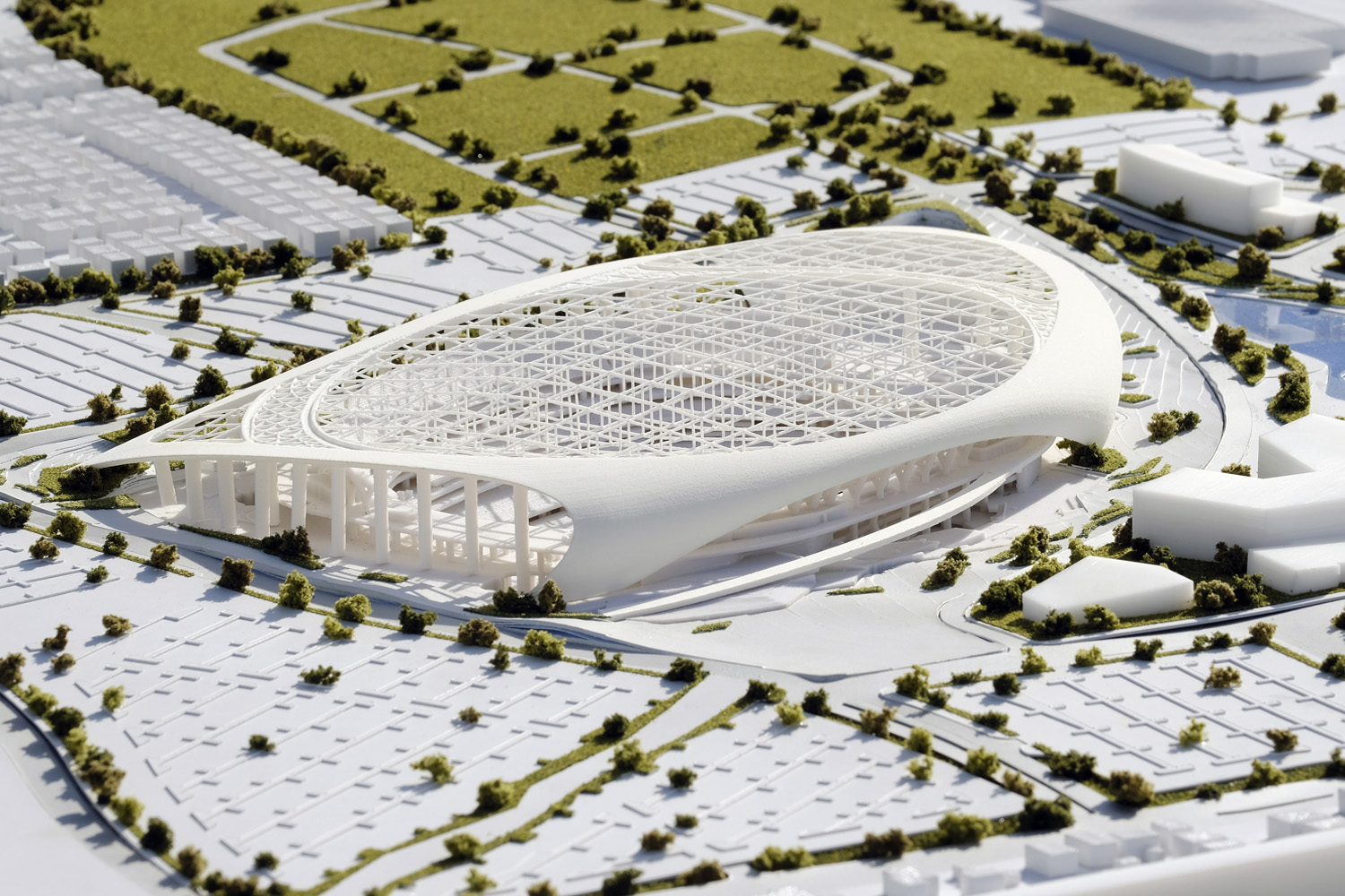 A three-dimensional model of the new Los Angeles Rams stadium is on display during the groundbreaking for the team's new stadium and entertainment district in Inglewood, Calif. (Richard Vogel/AP)