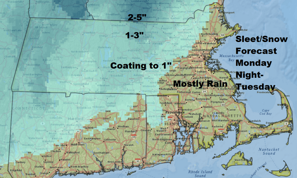 Sleet will accumulate the most over northern Massachusetts. (Dave Epstein/WBUR)