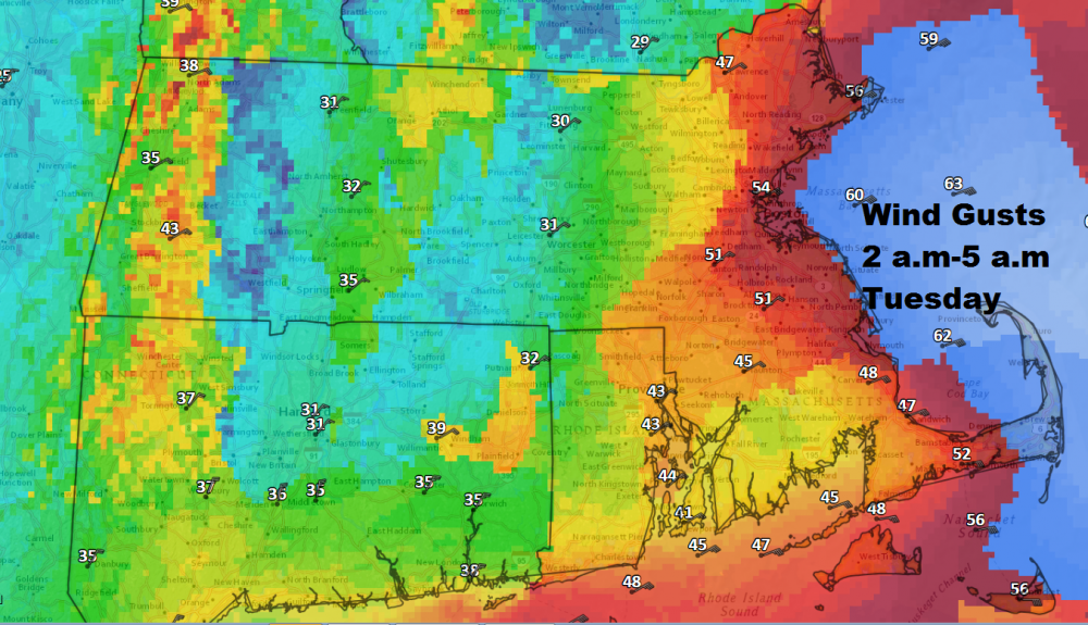 Winds will be strongest along the coastline early Tuesday (Dave Epstein/WBUR)