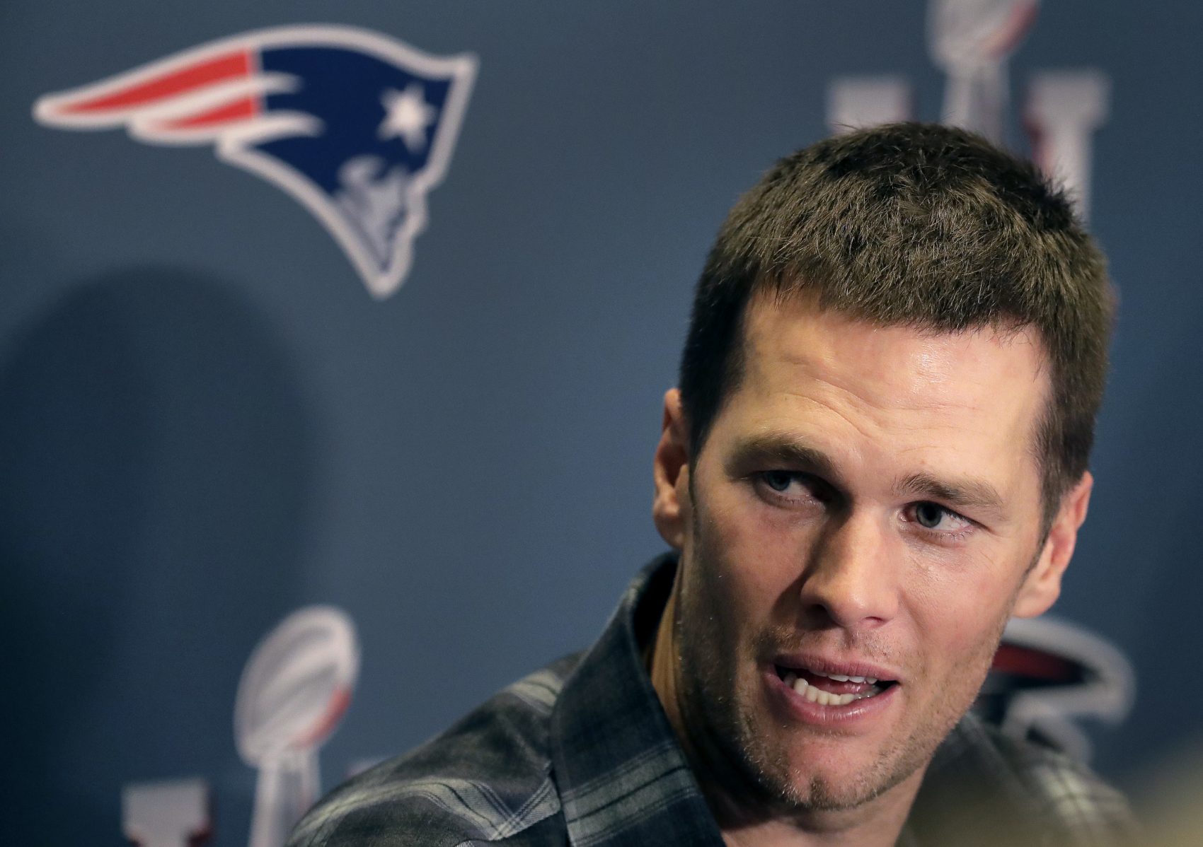 New England Patriots quarterback Tom Brady talks to the media during a news conference ahead of Super Bowl 51 on Tuesday, Jan. 31, 2017, in Houston. (Charlie Riedel/AP)