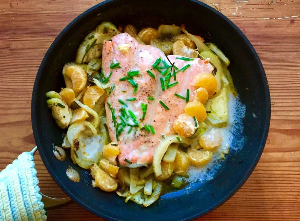 Kathy's roast salmon with tangerines and fennel with an orange-butter sauce. (Kathy Gunst for Here &amp; Now)