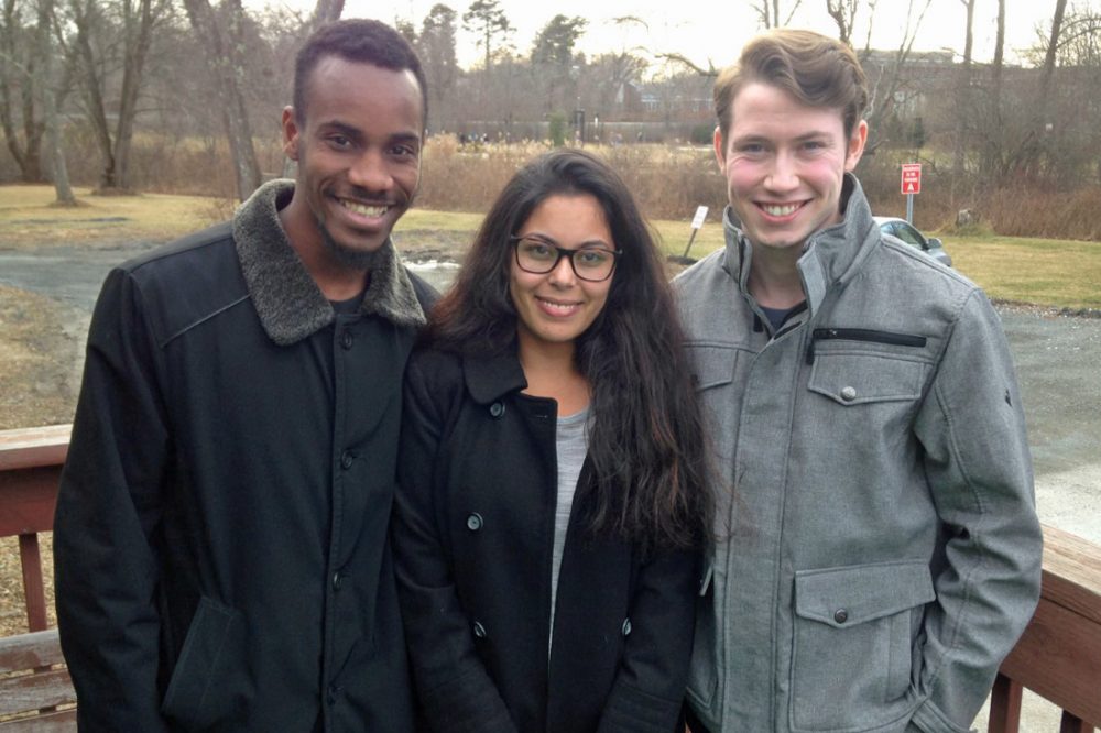 Lorenz Marcellus, left, Ana Lobo and Zachary Wright have all been homeless at some point in their lives. But they are now part of a group of scholars at Bridgewater State University in Massachusetts, who are succeeding in college. (Peter O'Dowd/Here & Now)