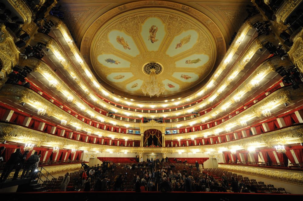 A picture taken on Oct. 24, 2011 during a media tour in the Bolshoi Theater in Moscow shows journalists observing the auditorium. (Kirill Kudryavtsev/AFP/Getty Images)