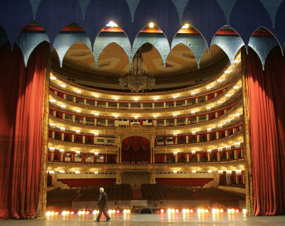 General view of the hall from the Bolshoi Theater stage in Moscow. (Alexander Natruskin/AFP/Getty Images)
