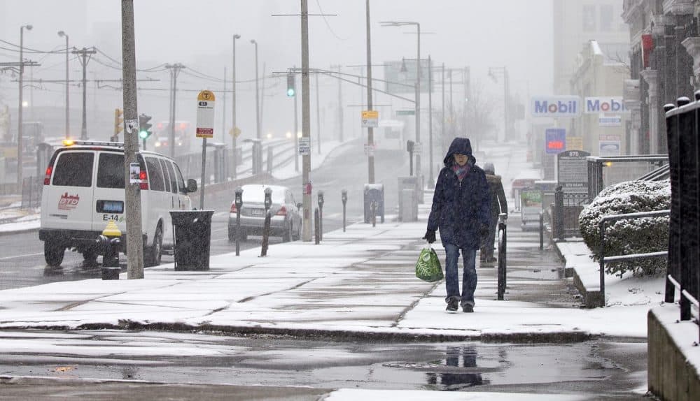A pedestrian walks through the beginning of the storm on Commonwealth Avenue. (Robin Lubbock/WBUR)