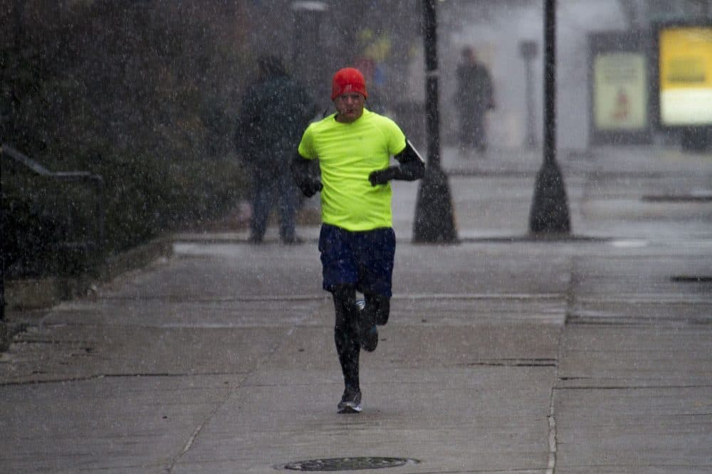 A man runs down Commonwealth Avenue at the beginning of the snowstorm. (Jesse Costa/WBUR)