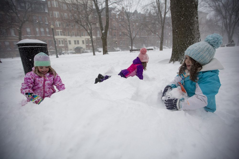 Natalie (pink), Sami (purple) and Maddie (blue) Brown play in the snow on the Commonwealth Ave. Mall. (Jesse Costa/WBUR)