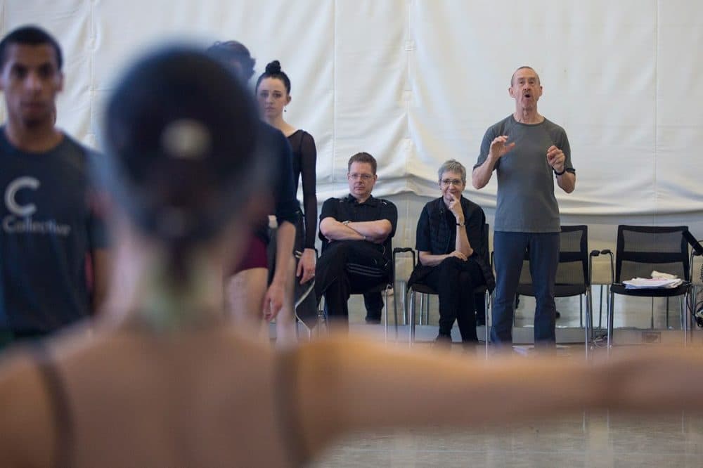 Choreographer William Forsythe, center, guides dancers through a rehearsal for &quot;Artifact,&quot; which has its Boston premiere on Feb. 23, 2017, at the Boston Opera House. (Jesse Costa/WBUR)