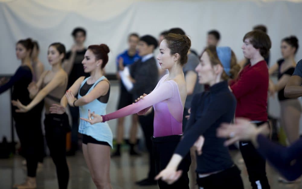 Boston Ballet dancers rehearse for &quot;Artifact,&quot; which premieres on Feb. 23. (Jesse Costa/WBUR)