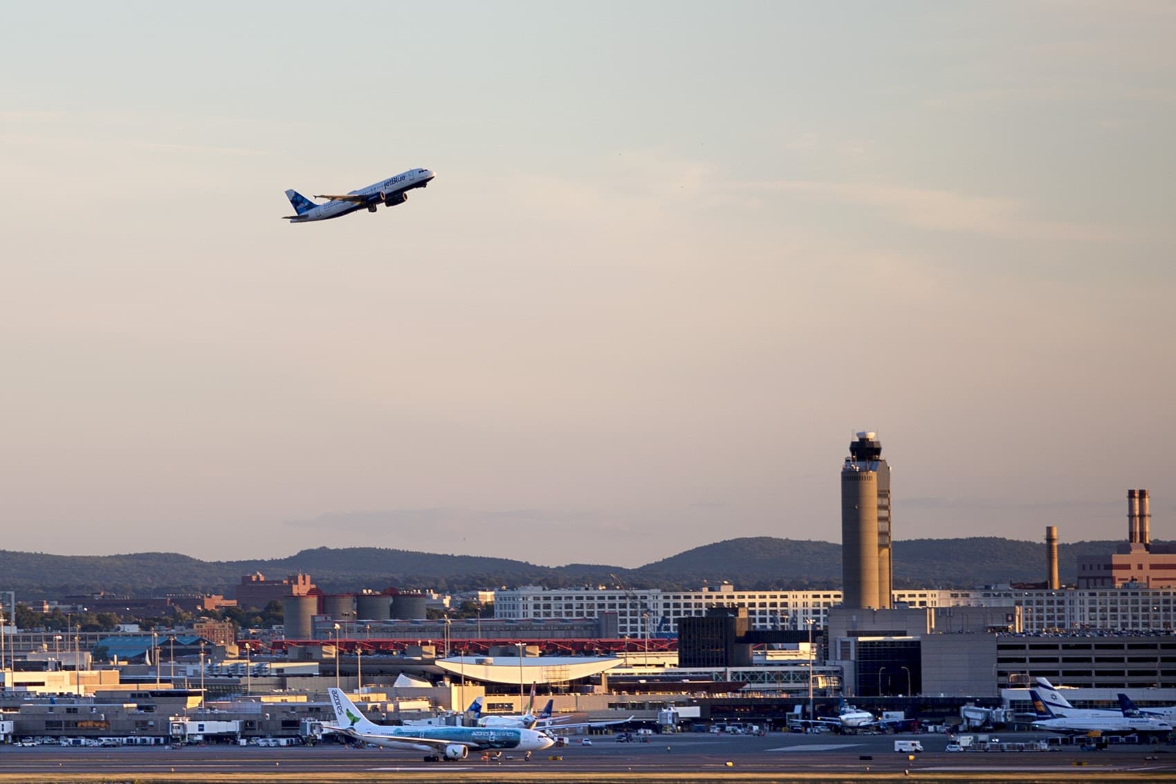 A Jet Blue airliner lifts off from Logan International Airport. (Jesse Costa/WBUR)