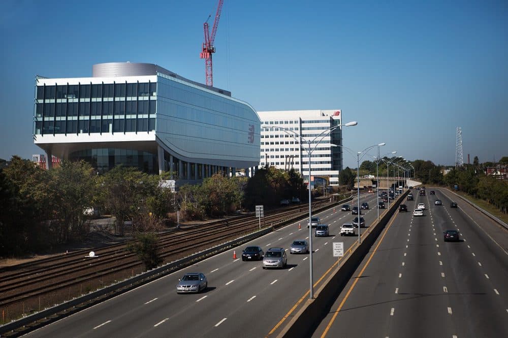 The Boston Landing station is located next to the Mass Pike along the Framingham/Worcester line, near New Balance's Brighton headquarters, pictured here. (Jesse Costa/WBUR)