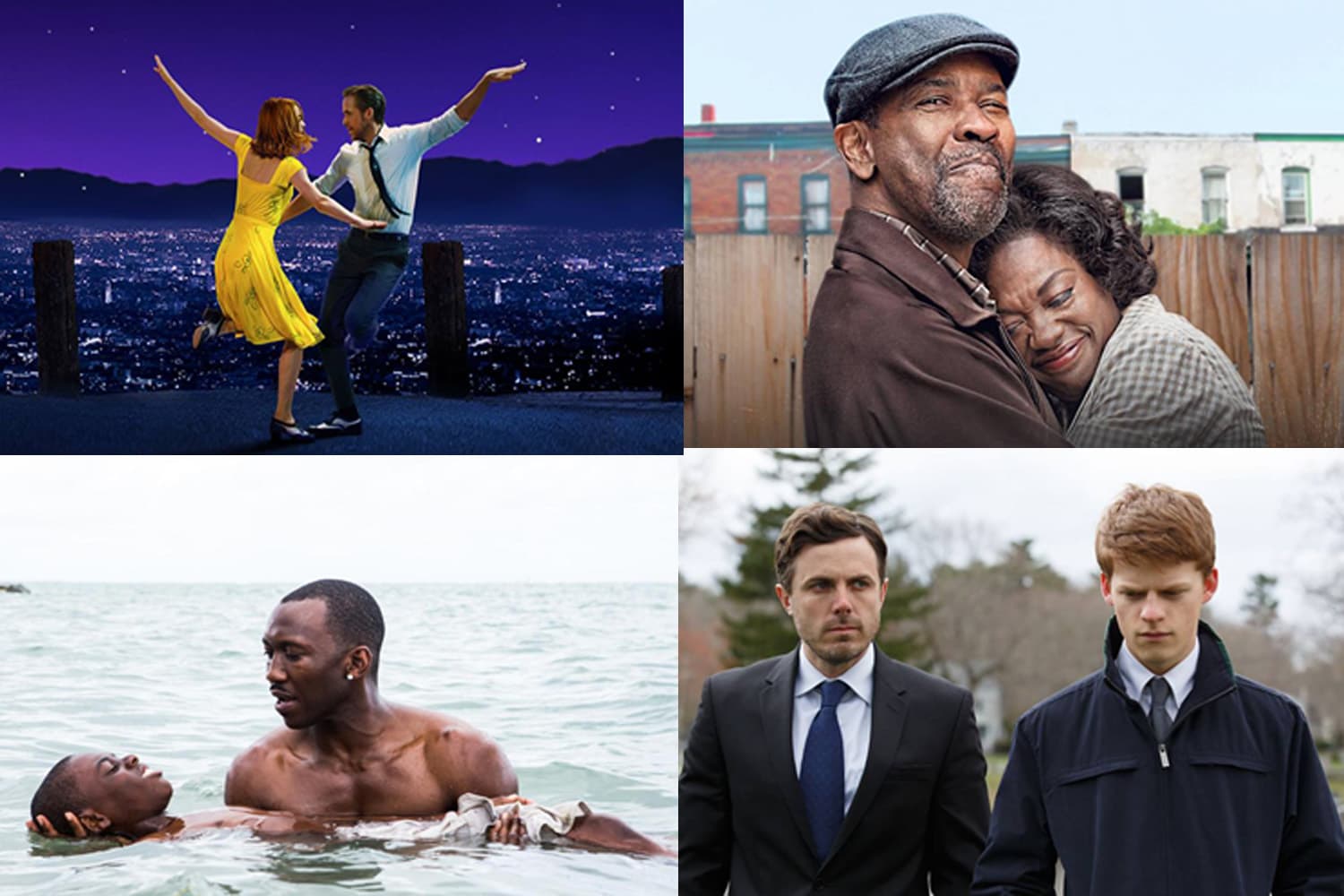 A round robin set of screenshots from some of the films nominated for 2017 Academy Awards. [Clockwise, top left: &quot;La La Land,&quot; &quot;Fences,&quot; &quot;Manchester-By-The-Sea,&quot; &quot;Moonlight.]&quot; (Courtesy Studios)
