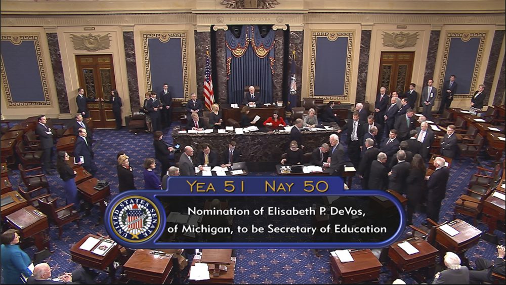 The new education secretary and Trump's Supreme Court nominee don't seem to value special education. And the Supreme Court is about to consider an important case. Pictured: In this image from video, provided by Senate Television shows Vice President Mike Pence presiding over the Senate on Capitol Hill in Washington, Tuesday, Feb. 7, 2017, during the Senate's vote on Education Secretary-designate Betsy DeVos. The Senate confirmed DeVos with Pence breaking a 50-50 tie. (Senate Television via AP)