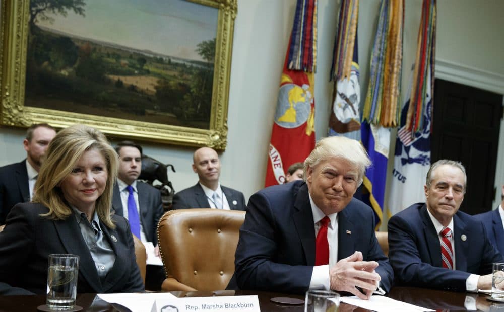 The GOP agenda is simply devoid of ideas that might aid anyone who is not a millionaire, a Wall Street insider or a fossil fuel executive, writes Steve Almond. Pictured: President Donald Trump listens during a meeting with House Republicans in the Roosevelt Room of the White House in Washington, Thursday, Feb. 16, 2017. Rep. Marsha Blackburn, R-Tenn., is at his left. (Evan Vucci/AP)