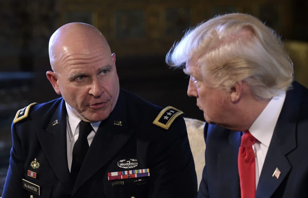 President Donald Trump, right, listens to Army Lt. Gen. H.R. McMaster, left, at Trump's Mar-a-Lago estate in Palm Beach, Fla., Monday, Feb. 20, 2017, where Trump announced that McMaster will be the new national security adviser. (Susan Walsh/AP)