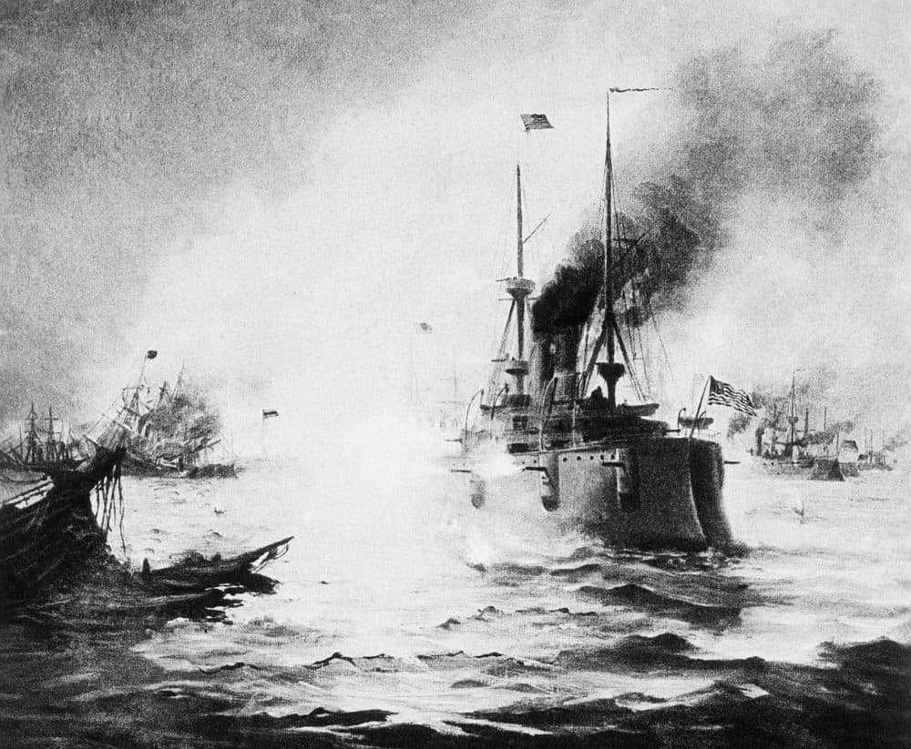 Spanish and U.S. ships battle during the Spanish American War in the waters off Manila, the Philippines, 1898. (AP Photo)