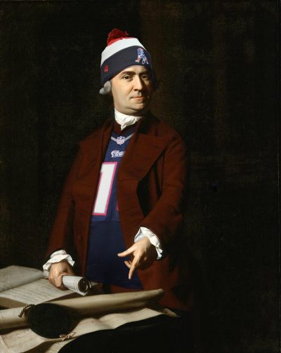 Patriot Sam Adams dons Patriots' gear as part of a contest between Boston's Museum of Fine Arts and Atlanta's High Museum of Art. (Courtesy of the MFA)