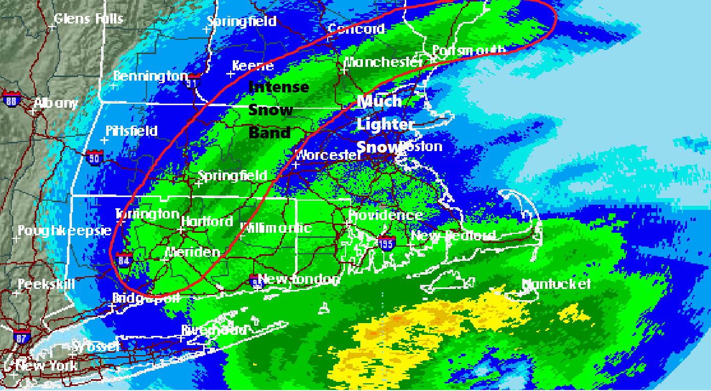 Snow bands have been most intense west and southwest of Boston. (Dave Epstein/WBUR)