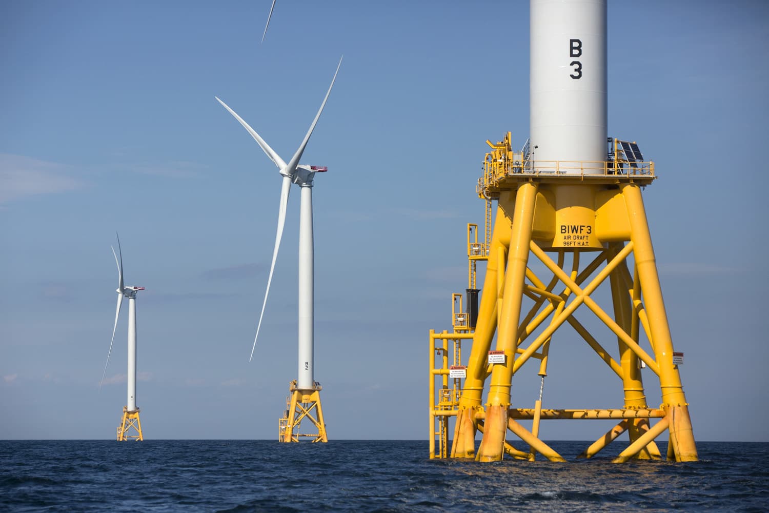 Three wind turbines from the Deepwater Wind project off Block Island, R.I. (Michael Dwyer/AP)