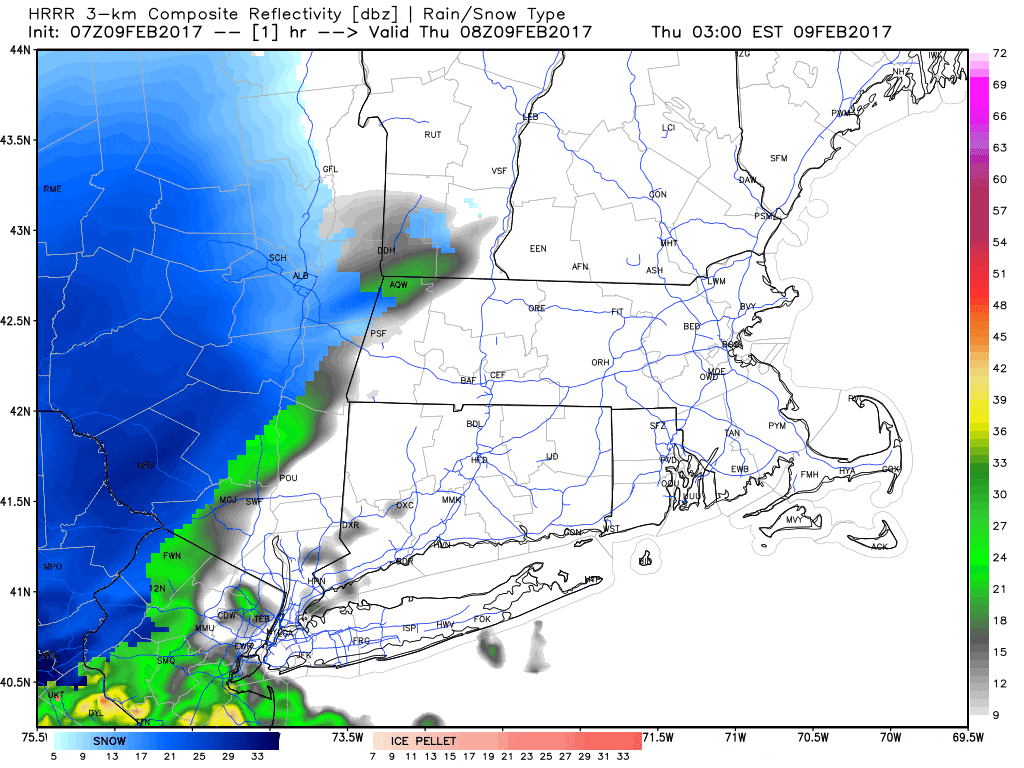 Snow will overspread the area quickly this morning and then end early this evening. (Courtesy Weatherbell Analytics)