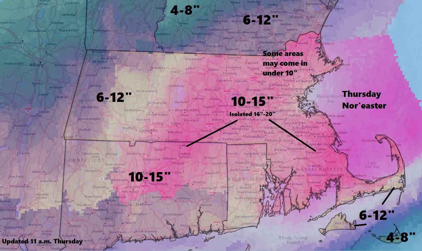 Heavy snow will leave around a foot in many areas with up to 18 inches in isolated places. (Dave Epstein/WBUR)