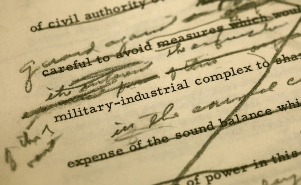 A draft of President Dwight D. Eisenhower's farewell address shows changes made around a reference to the military industrial complex, in December 2010 at the Eisenhower Presidential Library in Abilene, Kan. (Charlie Riedel/AP)