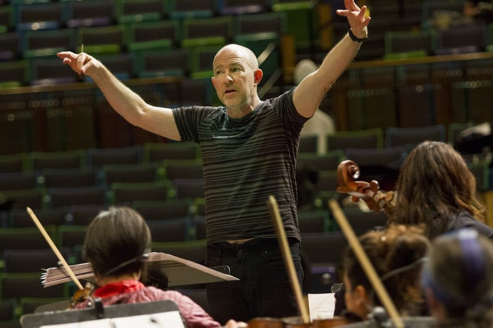 MIT professor Evan Ziporyn conducting a rehearsal of his arrangement of David Bowie's &quot;Blackstar.&quot; (Jesse Costa/WBUR)