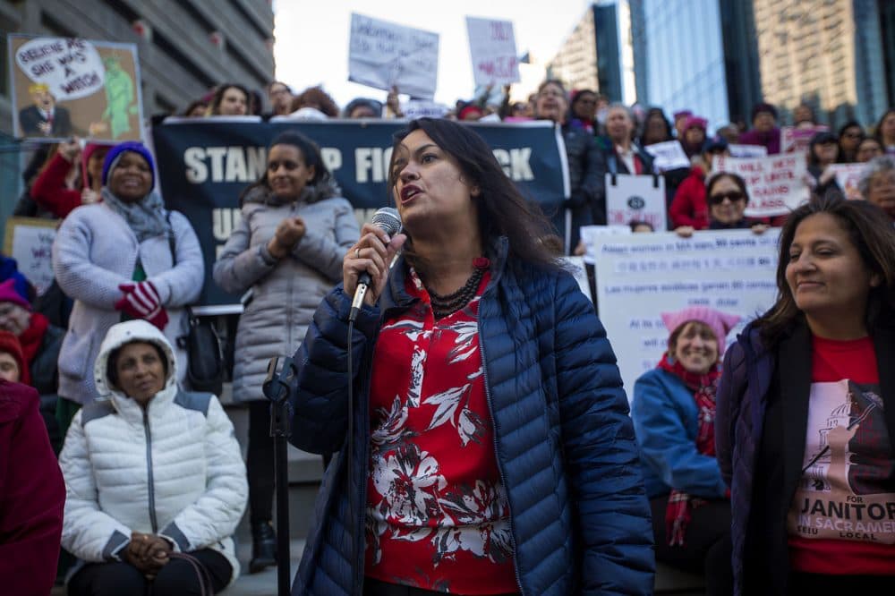 Boston City Councillor Annissa Essaibi George speaks during the Day Without Women rally aat Downtown Crossing. (Jesse Costa/WBUR)