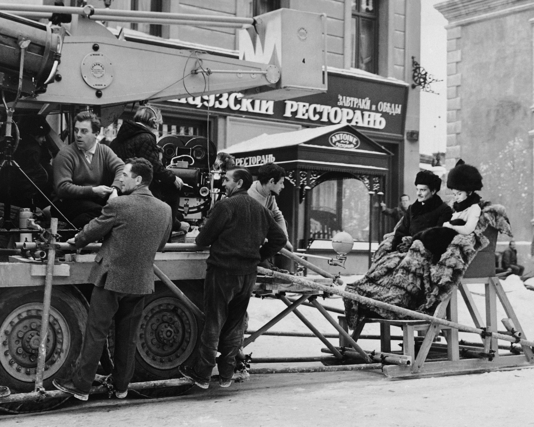 Stars Omar Sharif and Geraldine Chaplin wait while a photography crew checks a camera during filming of "Doctor Zhivago" in Spain in 1965. (AP Photo/MGM)