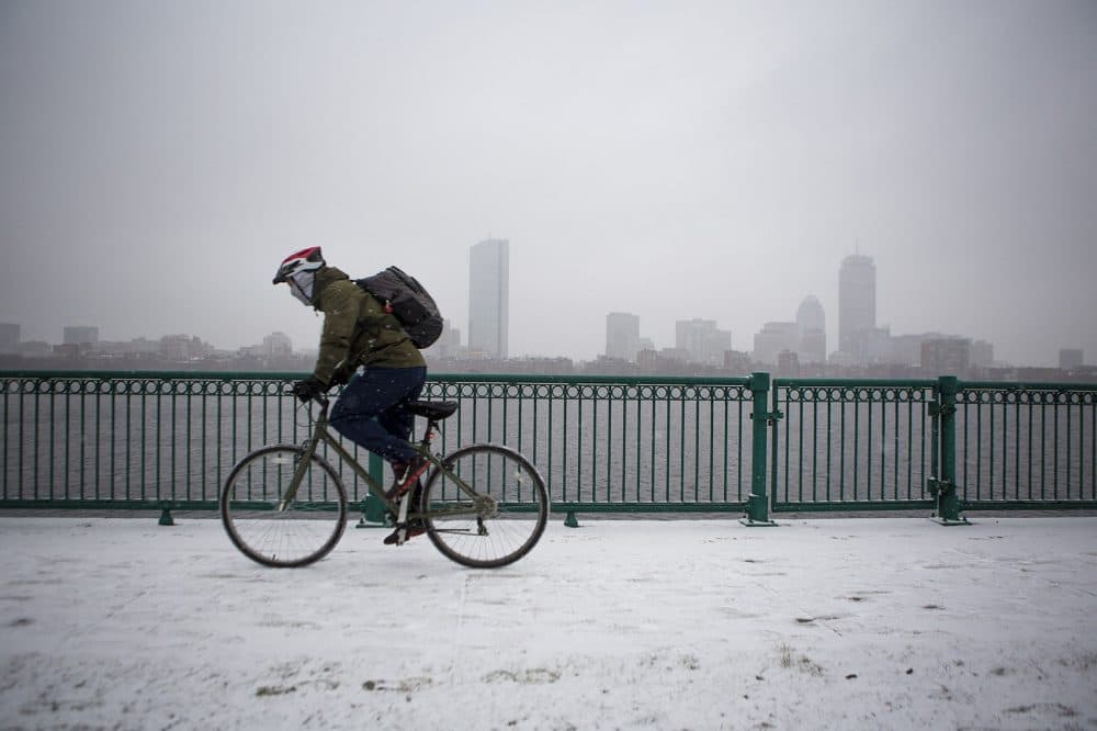 A cyclist rides down Memorial Drive in the early morning hours as the snow begins to fall. (Jesse Costa/WBUR)