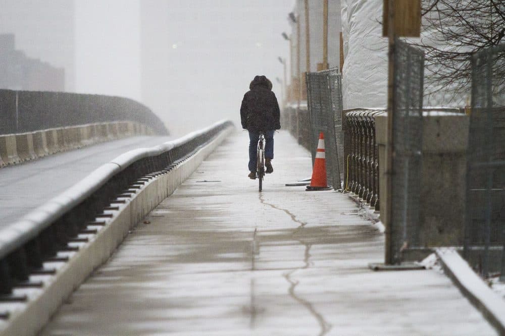 A cyclist traveling over the Longfellow Bridge through the snow. (Jesse Costa/WBUR)