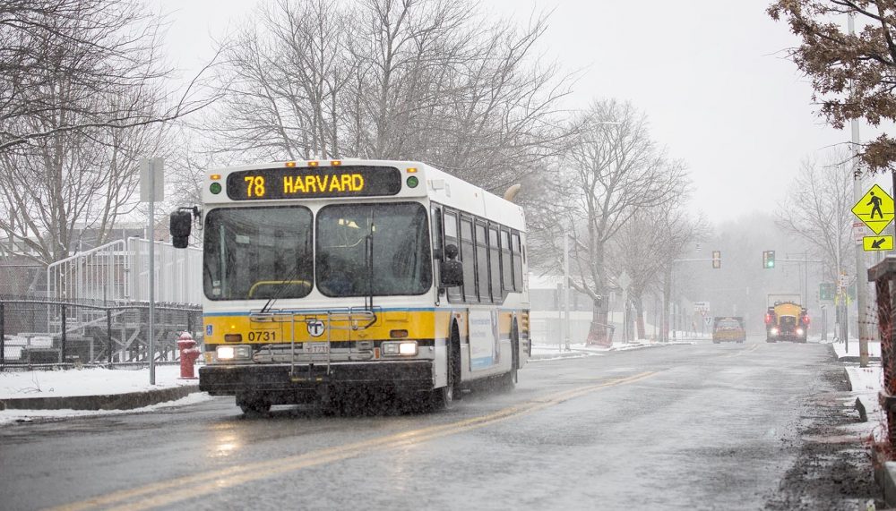 A bus makes its way down a lonely Concord Avenue as snow begins to fall at the start of Tuesday's storm. (Robin Lubbock/WBUR)