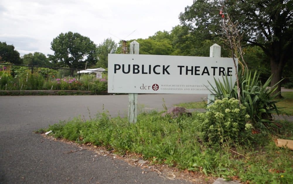 The sign for the now-defunct Publick Theatre at Christian Herter Park as seen in August 2014. (Jesse Costa/WBUR)