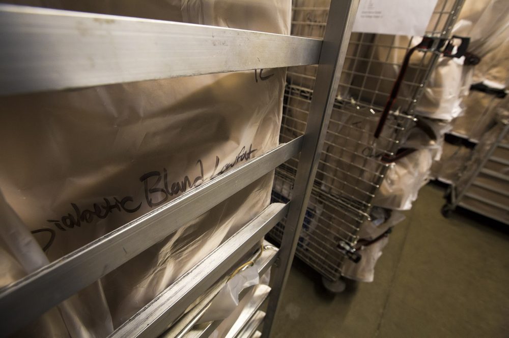 Prepared meals on this cart are for people who are diabetic and require bland and low-fat meals. (Jesse Costa/WBUR)