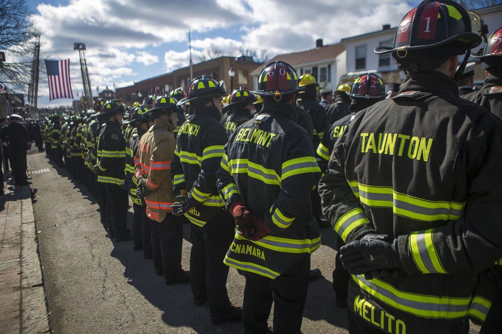 Firefighters from across the state attended Joseph Toscano's funeral. (Jesse Costa/WBUR)