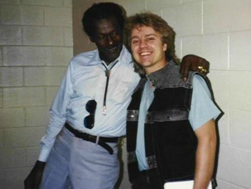 Chuck Berry and Tom Hambridge backstage at a concert at Lowell Memorial Auditorium in the late 1980s. (Courtesy Tom Hambridge)
