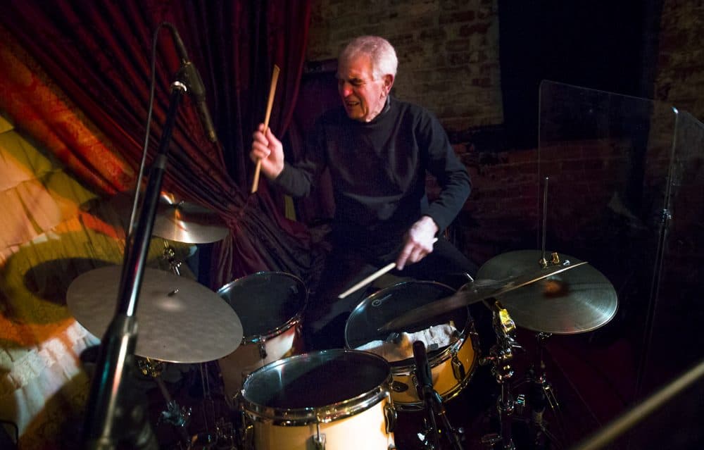 Drummer Nat Mugavero is an 80-year-old veteran of the Boston jazz scene. (Jesse Costa/WBUR)