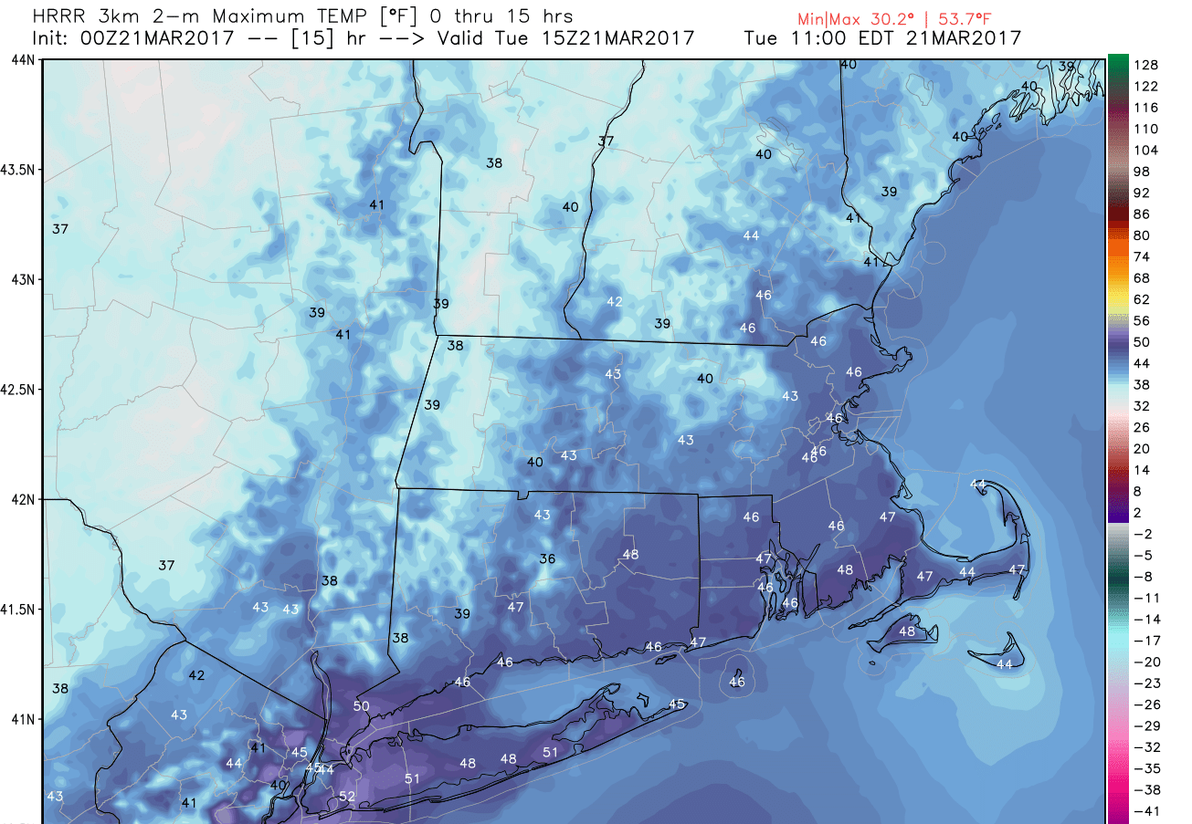 Temperatures will reach the mid-40s by mid-morning today. (Courtesy Weatherbell Analytics)