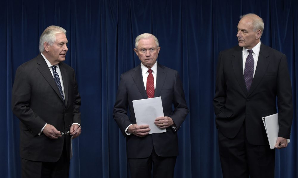From left, Secretary of State Rex Tillerson, Attorney General Jeff Sessions and Homeland Security Secretary John Kelly arrive for a news conference Monday to make statements about President Trump's new executive order on visas and travel. (Susan Walsh/AP)