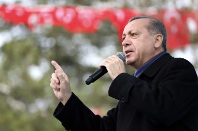 Turkey's President Recep Tayyip Erdogan addresses his supporters in Eskisehir, Turkey Friday, March 17, 2017. Erdogan has called on Turks living in Europe to have at least five children, saying it would be the best response to European's &quot;injustices.&quot; Erdogan made the comments Friday while campaigning in the city of Eskisehir for a referendum that would usher in a presidential system and enhance his powers. (Murat Cetinmuhurdar/Presidential Press Service, Pool Photo via AP)