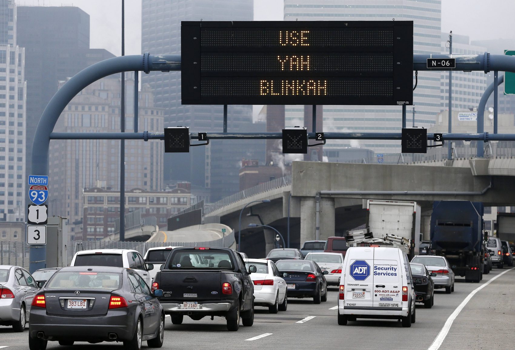 In this 2014 photo, an electronic highway sign on Interstate 93 shows the term "Use Yah Blinkah" in Boston. (Michael Dwyer/AP)