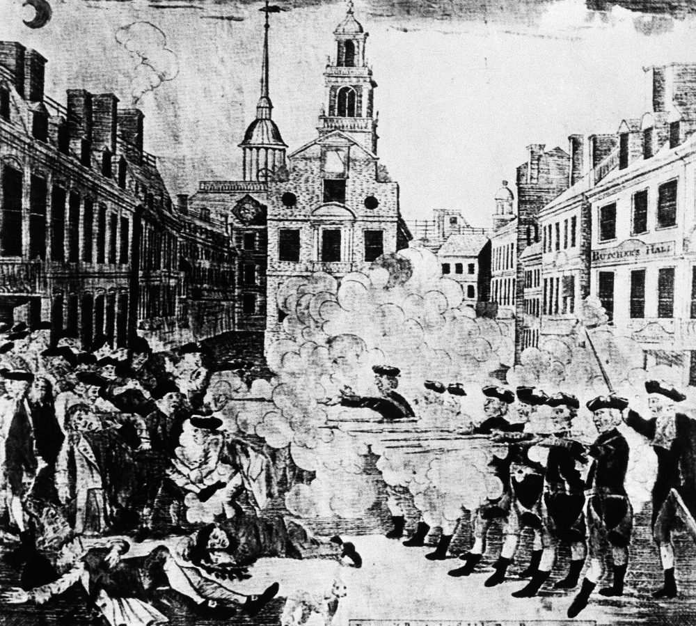 In this image provided by the U.S. Army Signal Corps, British troops fire at colonists in Boston, Mass., in the Boston Massacre, March 5, 1770. Five colonists were killed. It is believed that this incident spurred the American Revolution. (U.S. Army Signal Corps/AP)