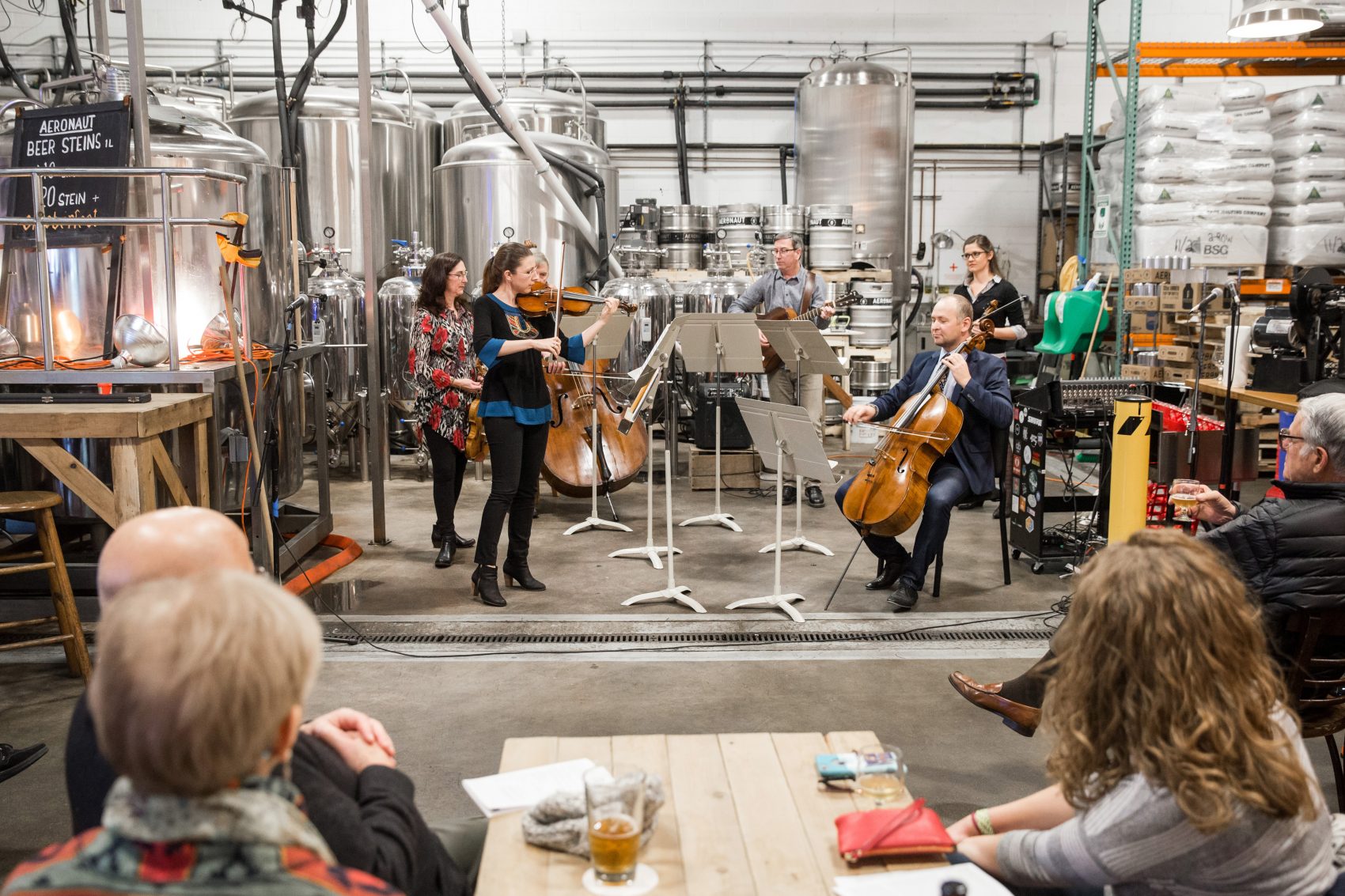 Members of the Boston Symphony Orchestra play at Aeronaut Brewing Company for a community program in 2016. (Courtesy Aram Boghosian/BSO)