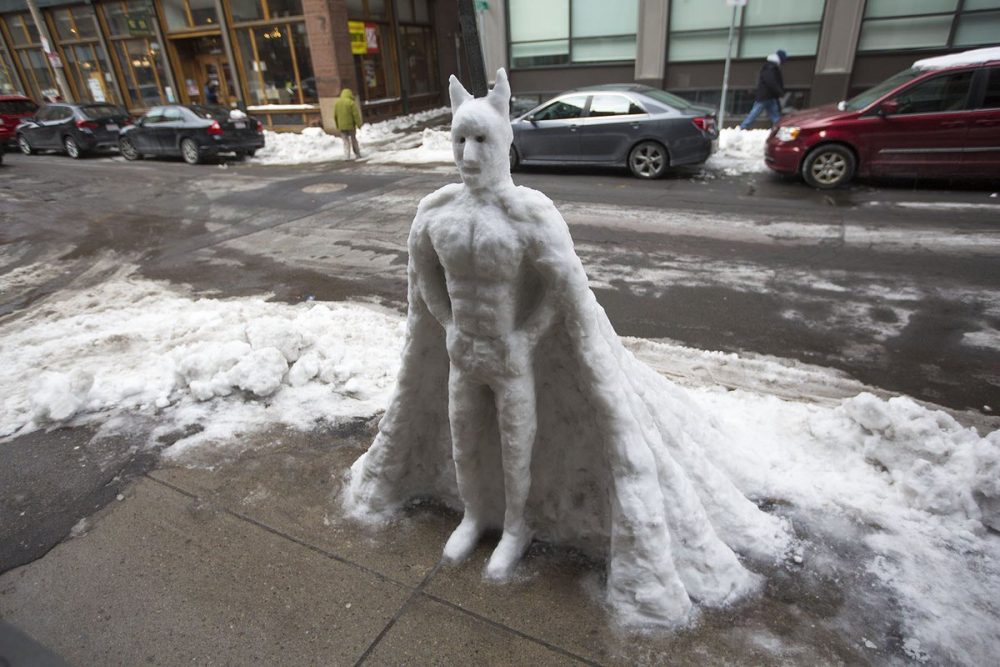 Spotted on Beach Street in Boston: Maybe this week's snowstorm was a bust, but don't tell that to Batman. (Jesse Costa/WBUR)