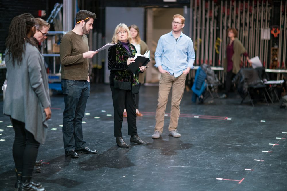 The &quot;Finish Line&quot; cast in rehearsal onstage at Shubert Theatre. (Courtesy Nile Scott/Boch Center)