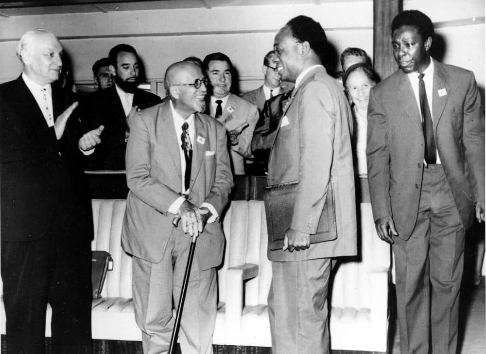 President of Ghana, Dr. Kwame Nkrumah, second from right, talks with 93-year-old American scholar Dr. W.E.B. Du Bois shortly before opening the World Peace Conference in Accra, Ghana, June 21, 1962. (AP Photo)