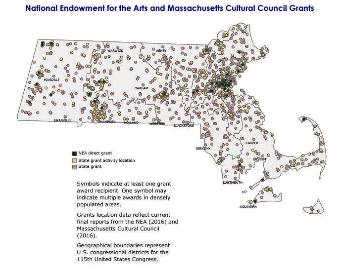 A map of where NEA grants are distributed in Massachusetts. (Courtesy National Endowment for the Arts)